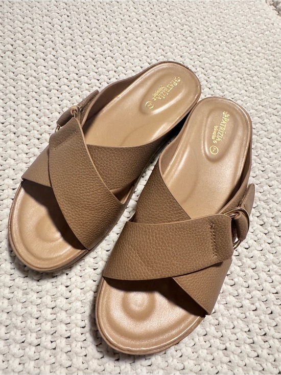 Patrizia Shoes - Patrizia Tan Cross-Strap Slide Sandals with Buckle Detail | Like New
